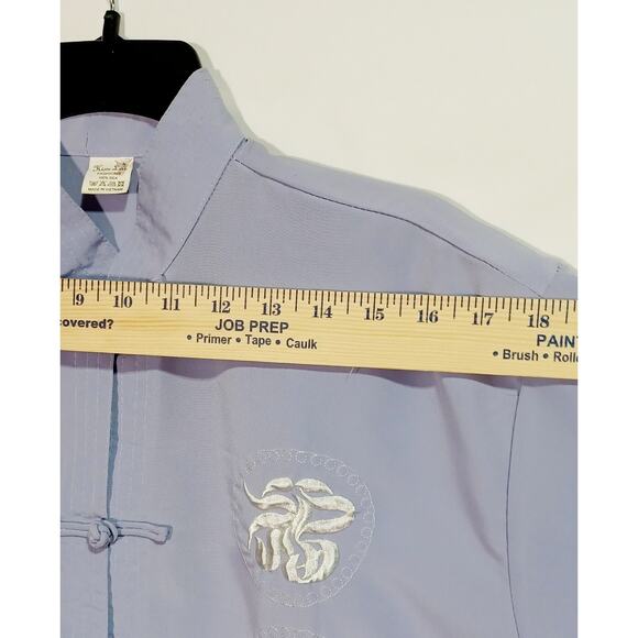 Kim Lai Fashions XL 100% Silk Chinese Tang Shirt Light Blue Dragon Frog Buttons - Picture 3 of 9